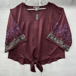 OLIVIA & MARTIN nwt 3x Tunic Burgundy Embroidered Peasant Boho Tie-Front Top